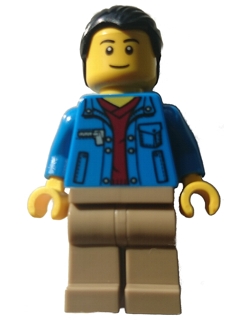 Blue Jacket over Dark Red V-Neck Sweater, Dark Tan Legs (60051)