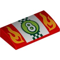Slope, Curved 2 x 4 x 2/3 No Studs with Bottom Tubes with Flames and Number 8 in Lime Circle over Checkered Flag Pattern - Red